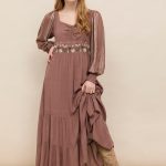 ZHARA LONG DRESS WITH OPEN BACK AND BURGUNDY WAIST EMBROIDERY