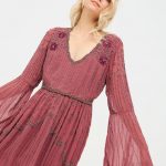 SIRA BURGUNDI BEADING EMBROIDERED GAUZE DRESS