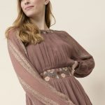 ZYDRA LONG SLEEVE DRESS WITH EMBROIDERY ON NECK AND WAIST BURGUNDY