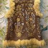 AFGHAN LAMB SHEARLING EMBROIDERED GIRL WAISTCOAT GOLD FLOWER - Image 2