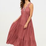 BERINI MAXI DRESS WITH JEWEL EMBROIDERY ON PRUNE NECKLINE