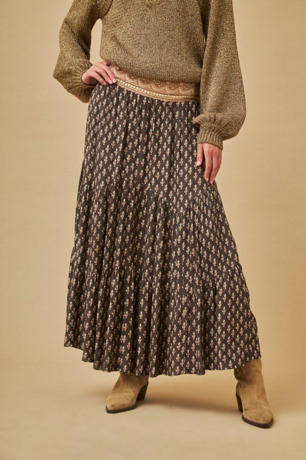 BAHARI MAXI JACQUARD SKIRT WITH ETHNIC PATTERN AND CHOCOLATE EMBROIDERY