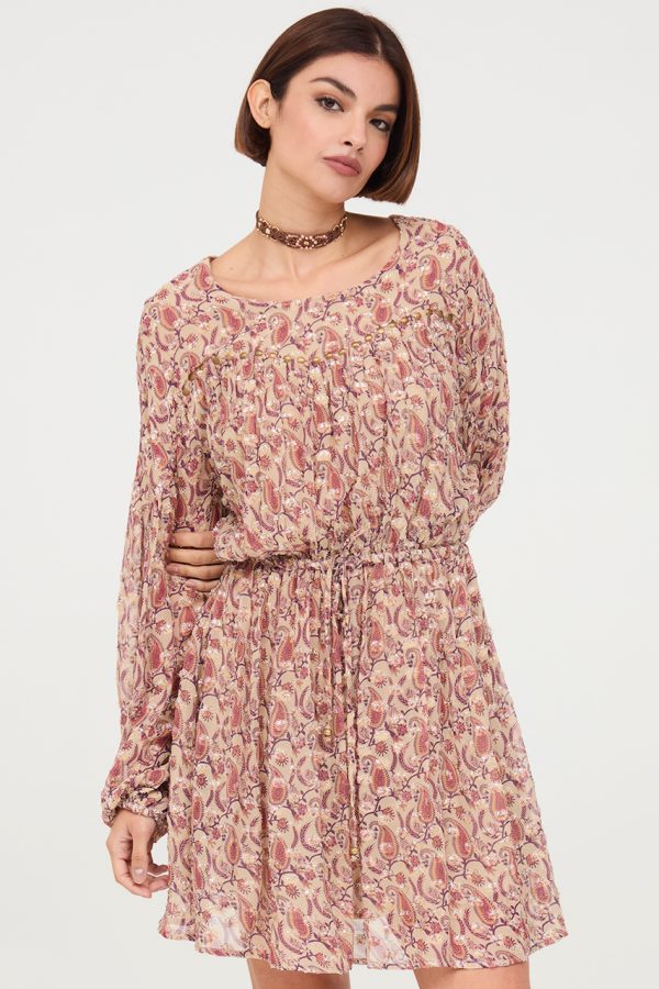 NEREA BEIGE FLORAL PRINT MINI DRESS WITH LONG SLEEVES