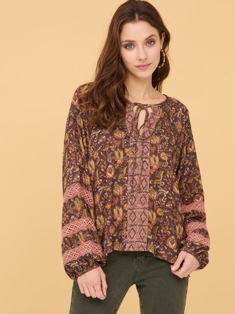 SILENE LONG SLEEVE BLOUSE WITH FLORAL PRINT AND CHOCOLATE DOILIES
