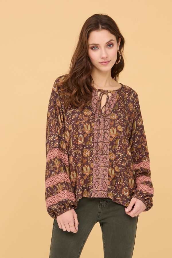 SILENE LONG SLEEVE BLOUSE WITH FLORAL PRINT AND CHOCOLATE DOILIES