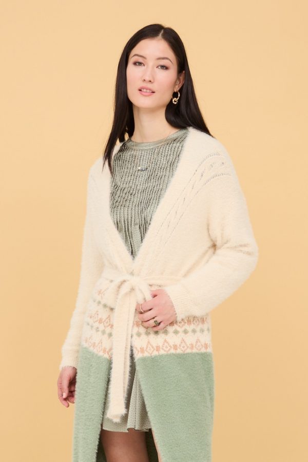 OLITTIA LONG CARDIGAN WITH GREEN ETHNIC DESIGN