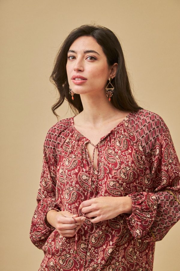 ITZIAR LONG SLEEVE PRINTED BLOUSE WITH BURGUNDY SEQUINS EMBROIDERY