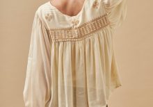 FRIVE LONG SLEEVE PLAIN BLOUSE WITH EMBROIDERY ON ECRU NECKLINE