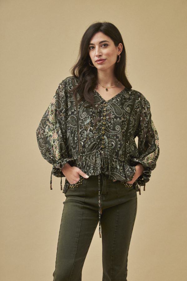 ORK LONG SLEEVE PRINTED BLOUSE WITH EMBROIDERY AND CENTRAL GATHERING GREEN