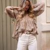 KALANI BEIGE FLORAL LUREX BLOUSE WITH RUFFLES - Image 2