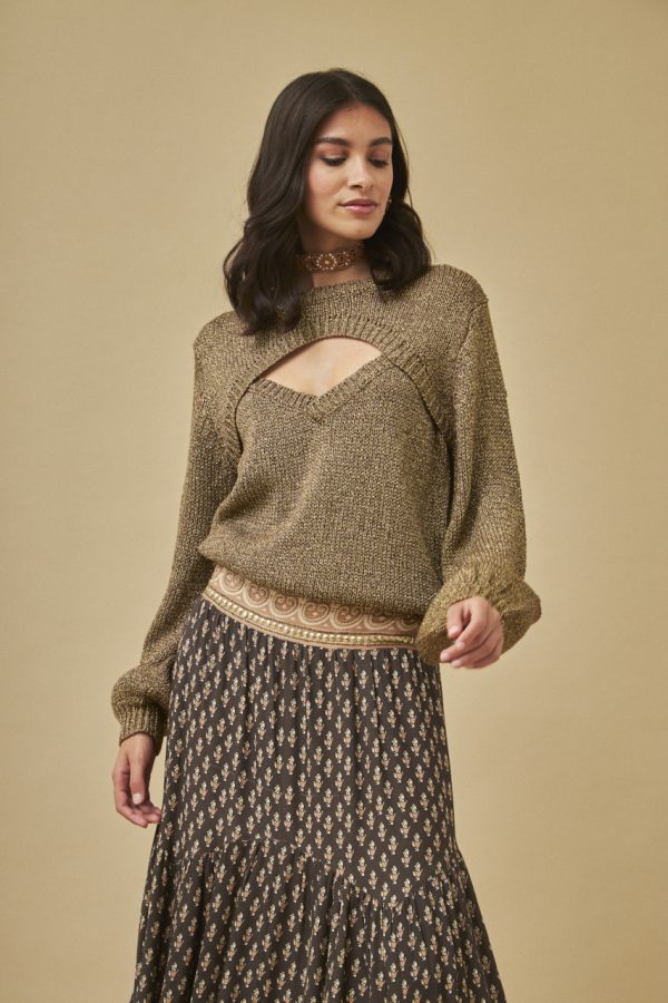 ALVERIA LUREX SWEATER WITH FRONT OPENING BROWN