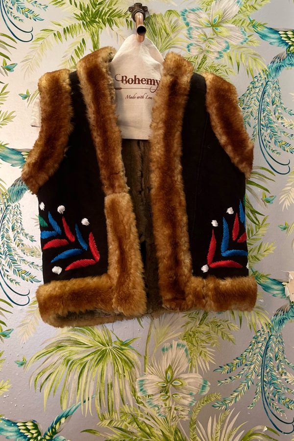 AFGHAN LAMB SHEARLING EMBROIDERED GIRL WAISTCOAT BROWN FLOWER