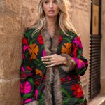 SUZANI FLORAL JACKET COAT FUR BLACK PINK FLOWER