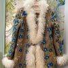 BOHEMIAN HAND EMBROIDERED FUR COAT WITH TAUPE FUR LINING AND COLLAR M/L - Image 2