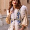 ANAIS ECRU BLUE I BOHEMIAN VEST IN HAND EMBROIDERED VINTAGE SILK FABRIC WITH LINING AND FUR COLLAR BLUE M/L - Image 3