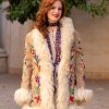 BOHEMIAN HAND EMBROIDERED SHEARLING COAT WITH LAMB FUR COLLAR BROWN M/L - Image 5