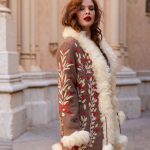 BOHEMIAN HAND EMBROIDERED SHEARLING COAT WITH LAMB FUR COLLAR DARK CAMEL M/L