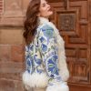 ANAIS ECRU BLUE II BOHEMIAN VINTAGE HAND EMBROIDERED SILK SHORT FUR COAT M-L - Image 6