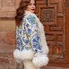 ANAIS ECRU BLUE II BOHEMIAN VINTAGE HAND EMBROIDERED SILK SHORT FUR COAT M-L - Image 5