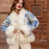 ANAIS ECRU BLUE II BOHEMIAN VINTAGE HAND EMBROIDERED SILK SHORT FUR COAT M-L - Image 2