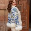 ANAIS ECRU BLUE II BOHEMIAN VINTAGE HAND EMBROIDERED SILK SHORT FUR COAT M-L - Image 4