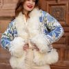 ANAIS ECRU BLUE II BOHEMIAN VINTAGE HAND EMBROIDERED SILK SHORT FUR COAT M-L - Image 3