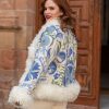 ANAIS ECRU BLUE II BOHEMIAN VINTAGE HAND EMBROIDERED SILK SHORT FUR COAT M-L - Image 8