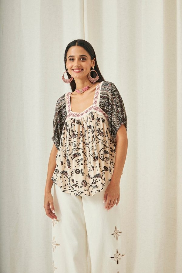 ANZU SHORT SLEEVE PRINTED BLOUSE WITH EMBROIDERY