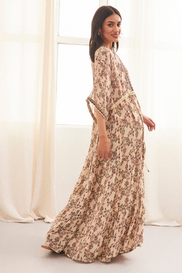 SEIKI MAXI KIMONO 3/4 SLEEVE PRINTED KIMONO WITH IVORY EMBROIDERY