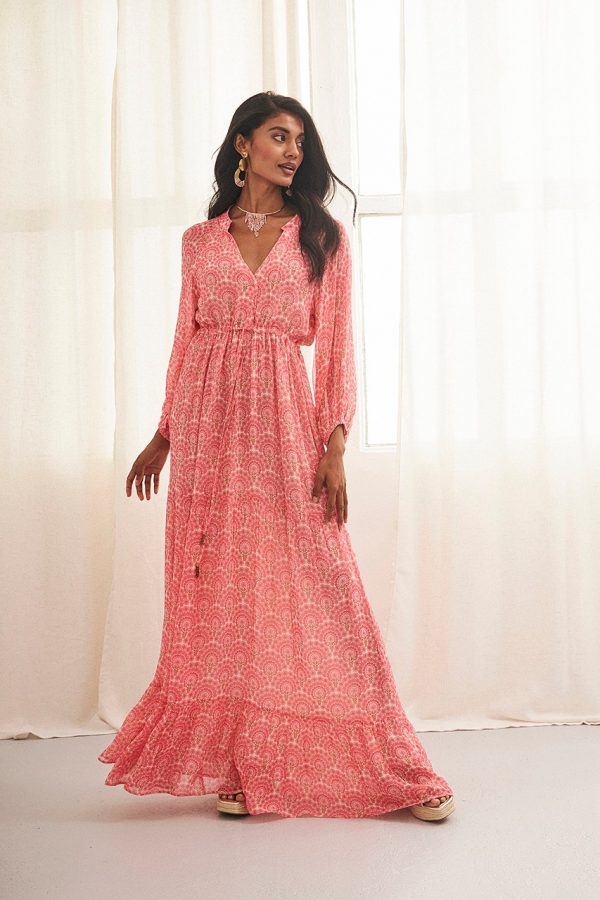 AMUT LONG SLEEVE MAXI DRESS WITH PINK PRINT