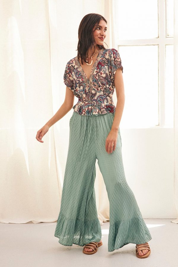 GREEN EMBROIDERED PALAZZO PANTS WITH EMBROIDERY