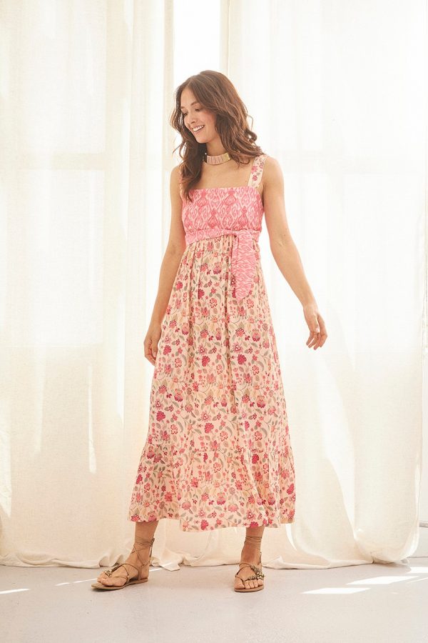 NUSA LONG PRINTED STRAPLESS DRESS WITH EMBROIDERY PINK