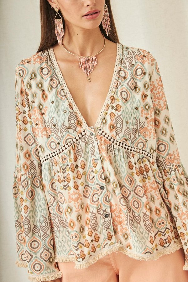 SOKA LONG SLEEVE PRINTED BLOUSE WITH EMBROIDERY